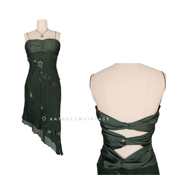 Vintage Scala Prom Dress Midi Gown XL Green Silk Fairy Y2K Floral Bead Satin - Picture 1 of 12